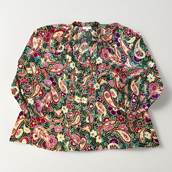 Umgee Top Paisley Blouse Button Front Ruffle Balloon Sleeve Womens Size Large - Picture 2 of 14